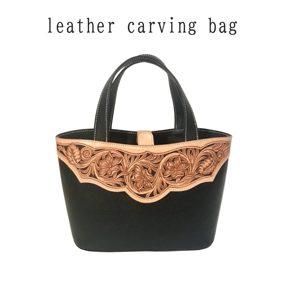 Carving Bag Leather Carving Leather Tote Bag 猫纹 - 手提包/手提袋 - 真皮 黑色