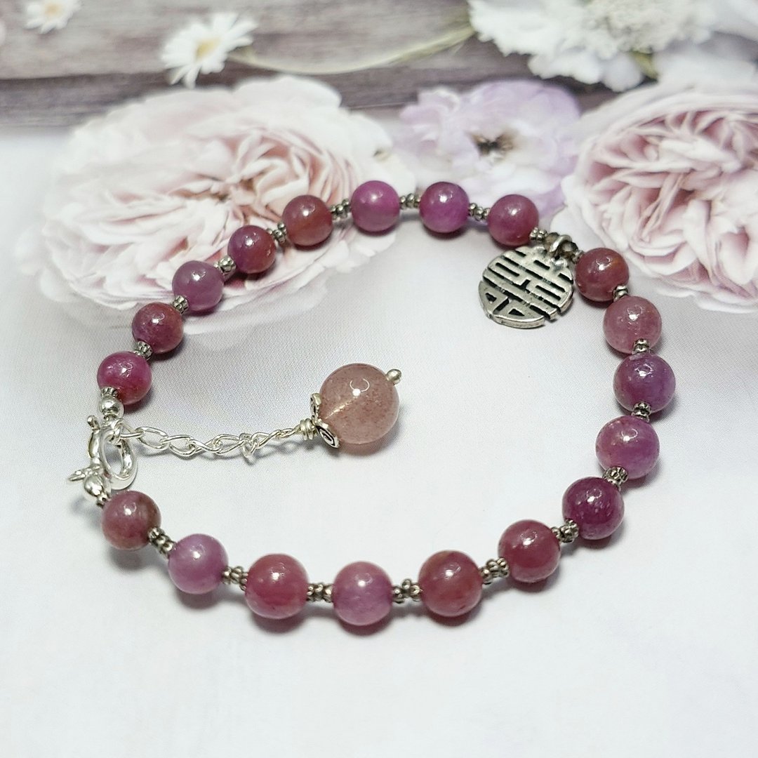 手链 红宝石 Ruby 草莓水晶 烟水晶 手珠 925银饰 囍 宝石 - 手链/手环 - 宝石 