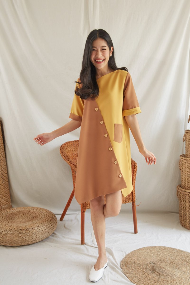 Two tone Season Change Dress- Yellow & Brown Autumn - 洋装/连衣裙 - 其他材质 黄色