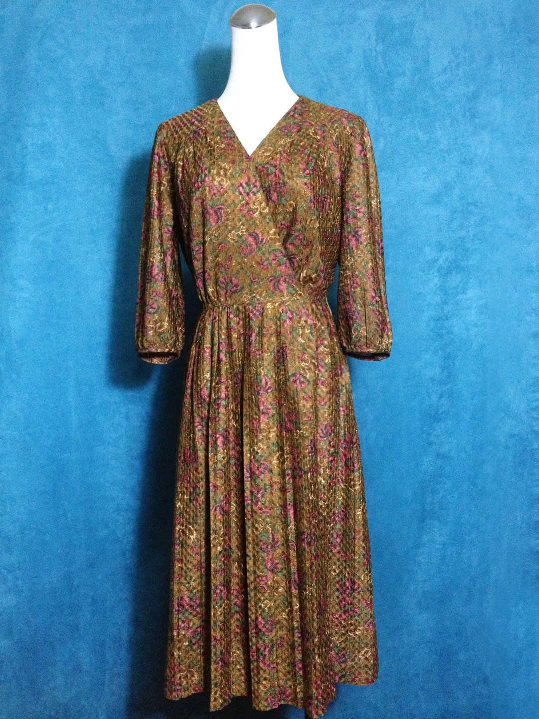 时候古着 [ 古董洋装/ 典雅花朵织纹古董长洋装 ] 国外带回 古着洋装 VINTAGE - 洋装/连衣裙 - 聚酯纤维 咖啡色