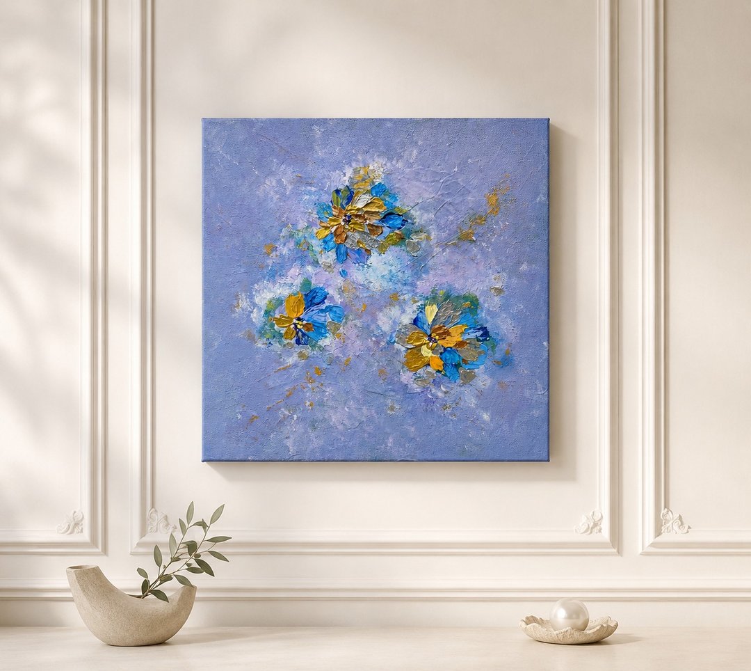 【蓝雾之花】法式花卉抽象挂画 - 30×30 手绘压克力原作 - 摆饰 - 棉 