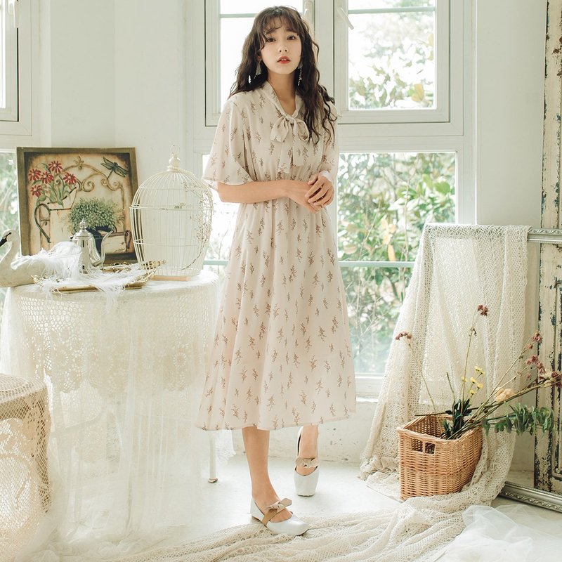 安妮陈2018夏装新款文艺女装飘带碎花连身裙洋装裙子 - 洋装/连衣裙 - 棉．麻 橘色