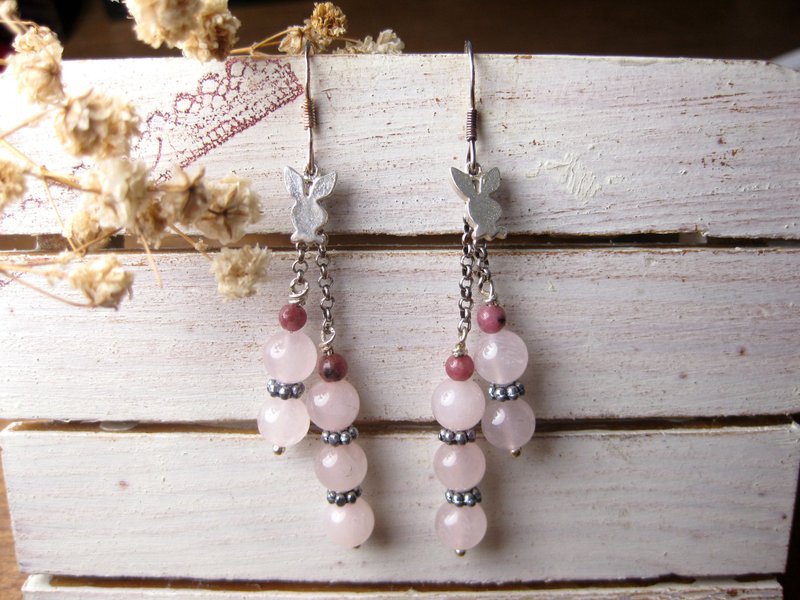 纯银设计耳环 玫瑰石+粉水晶+925银(耳勾)/活泼可爱/ - 耳环/耳夹 - 水晶 粉红色