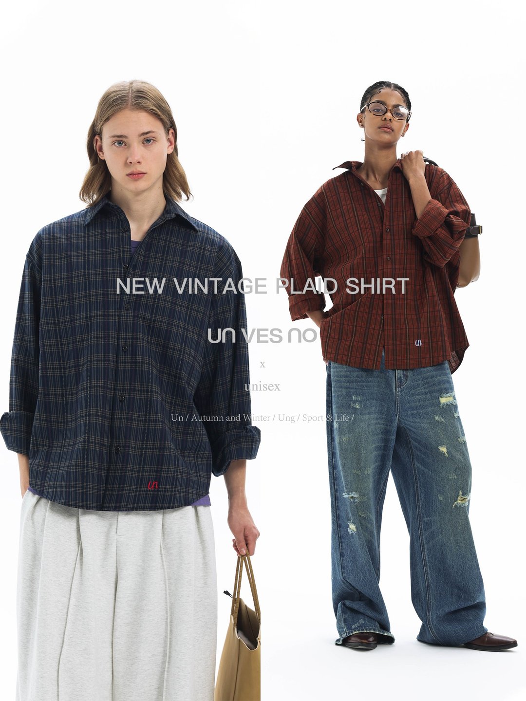 【对格缝制】Unvesno(UN) 复古全棉格纹休闲款长袖衬衫 明星同款 - 男装衬衫 - 其他材质 