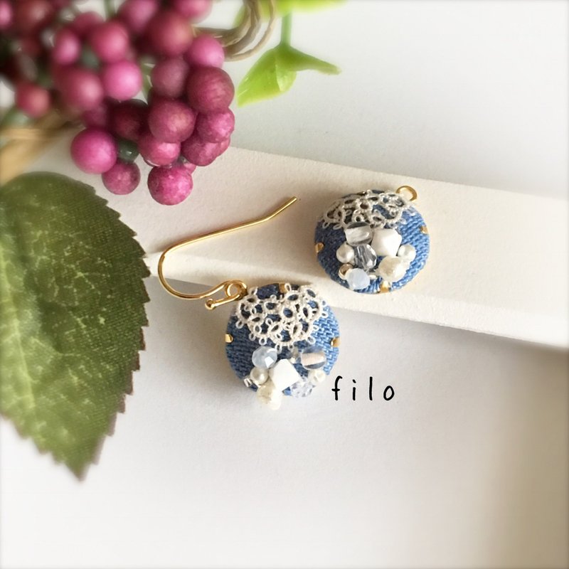 Denim bijou - 耳环/耳夹 - 棉．麻 蓝色