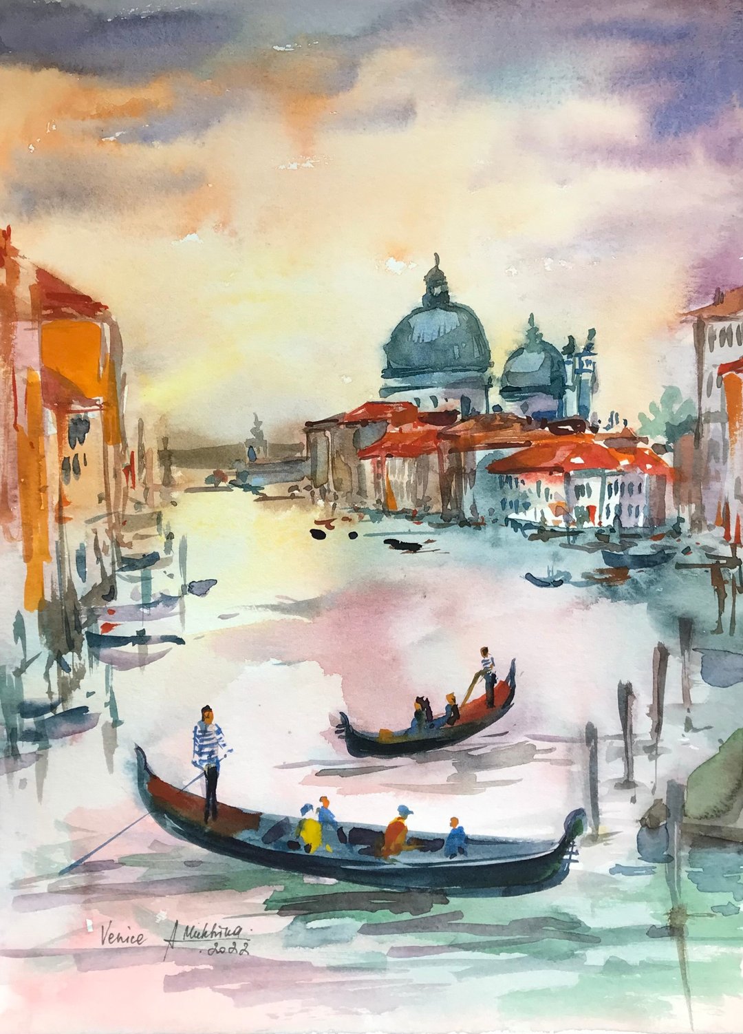Venice Painting original art Italy watercolor Sunset European city architecture - 墙贴/壁贴 - 纸 多色