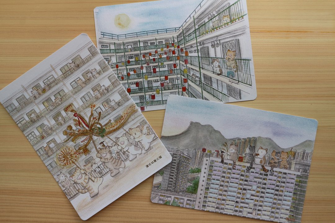 猫咪香港 中秋节明信片 Set - 3张 - 卡片/明信片 - 纸 