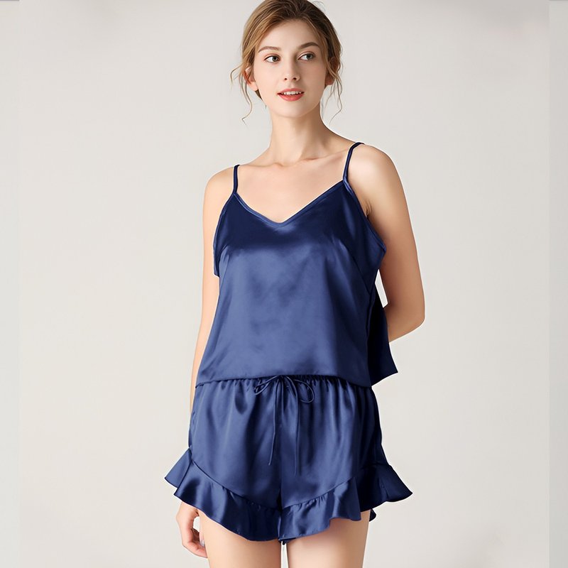Pink Lady 丝质成套睡衣 夜梦微醺 细肩带背心花边短裤 居家服 - 居家服/睡衣 - 其他人造纤维 蓝色