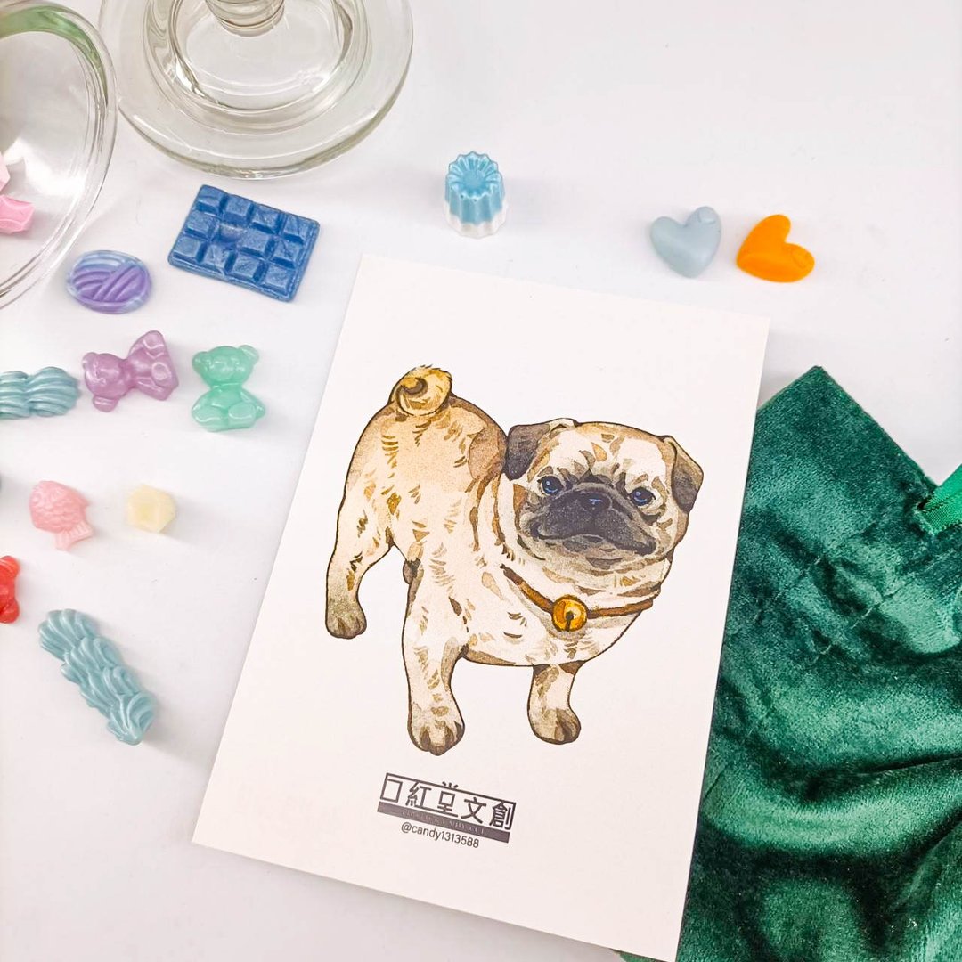 KR474_口紅堂明信片_巴哥犬12_candy1313588 postcard - 卡片/明信片 - 纸 多色