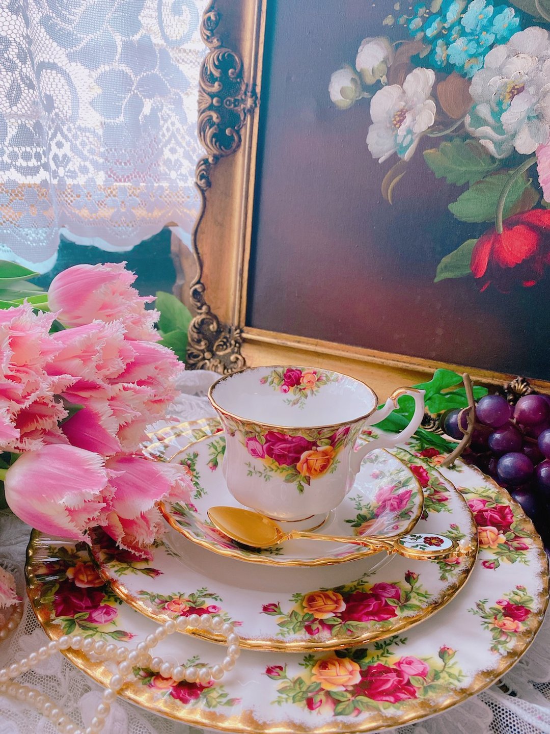 英国皇家阿尔巴特Royal Albert22k镶金玫瑰花茶杯三件组库存品 - 茶具/茶杯 - 瓷 红色
