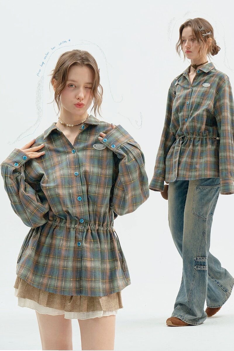 ziziFei春秋季美式复古设计感中长款绿色格子抽绳收腰显瘦衬衫女 - 女装衬衫 - 其他材质 绿色