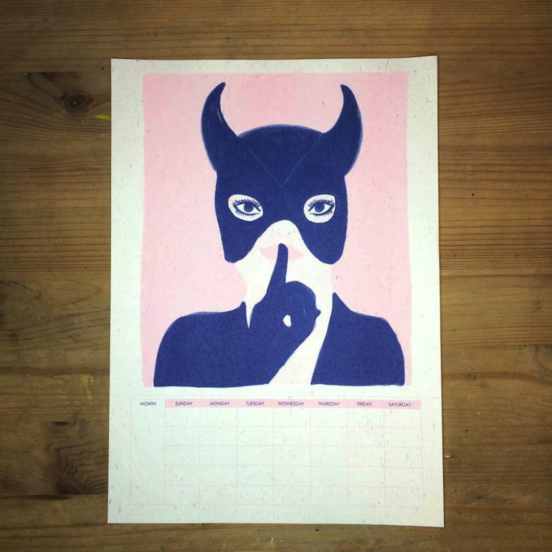 孔版印刷 插画月记事 海军蓝X珊瑚粉 shhhh... cat girl - 海报/装饰画/版画 - 纸 