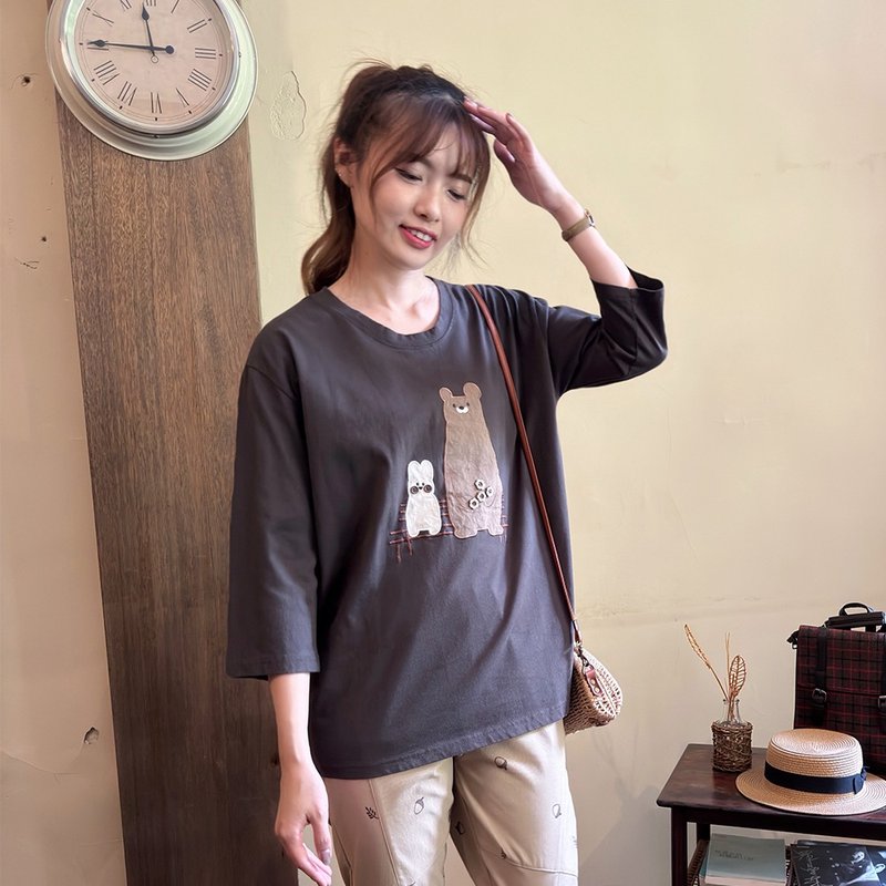 Hana Mokuba 拼接布可爱动物造型圆领长袖上衣 - 女装上衣 - 其他材质 