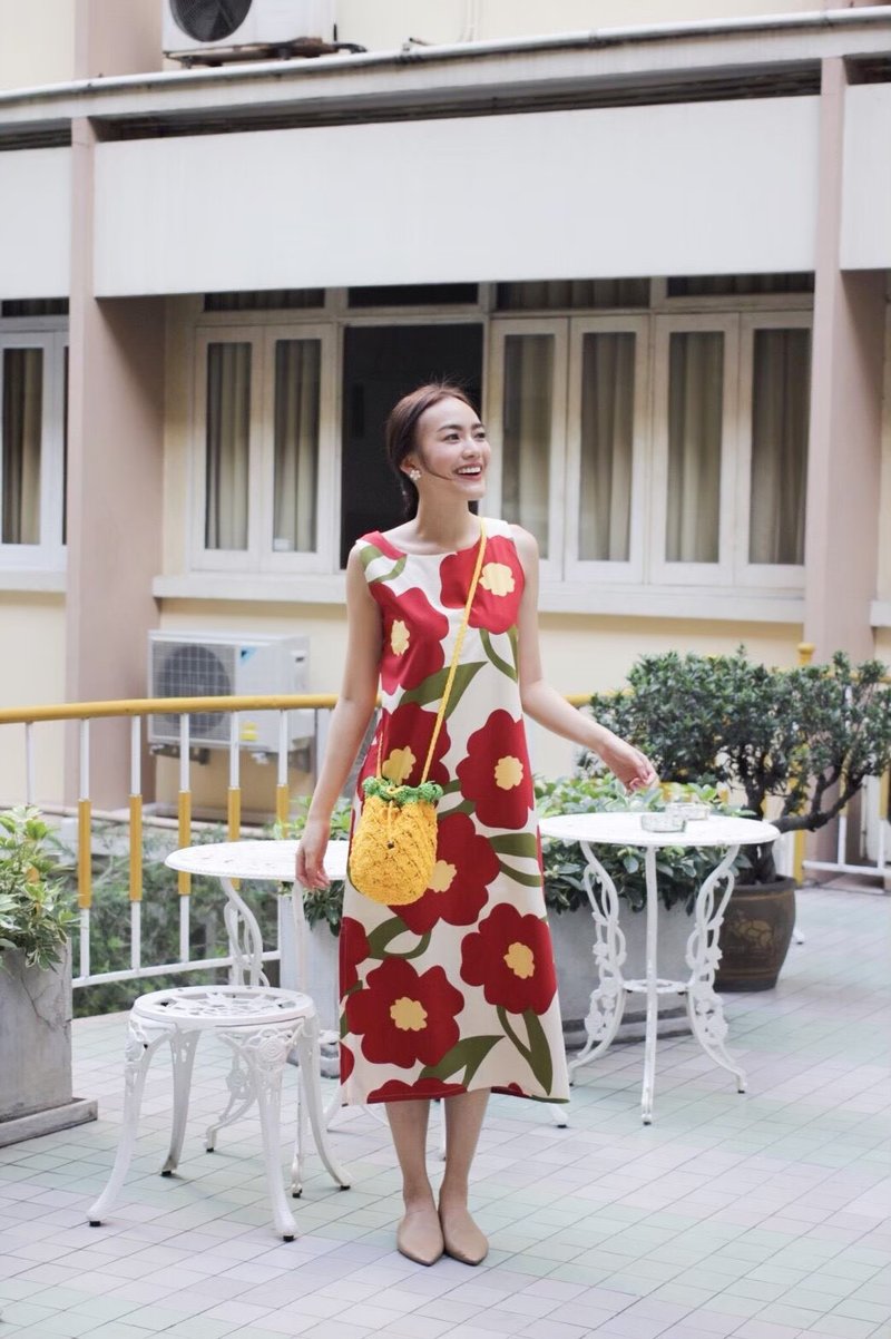 BIRUCHU 红色 花 长洋装 RED HANA DRESS - 无袖印花洋装，棉质，内衬。 - 洋装/连衣裙 - 棉 红色