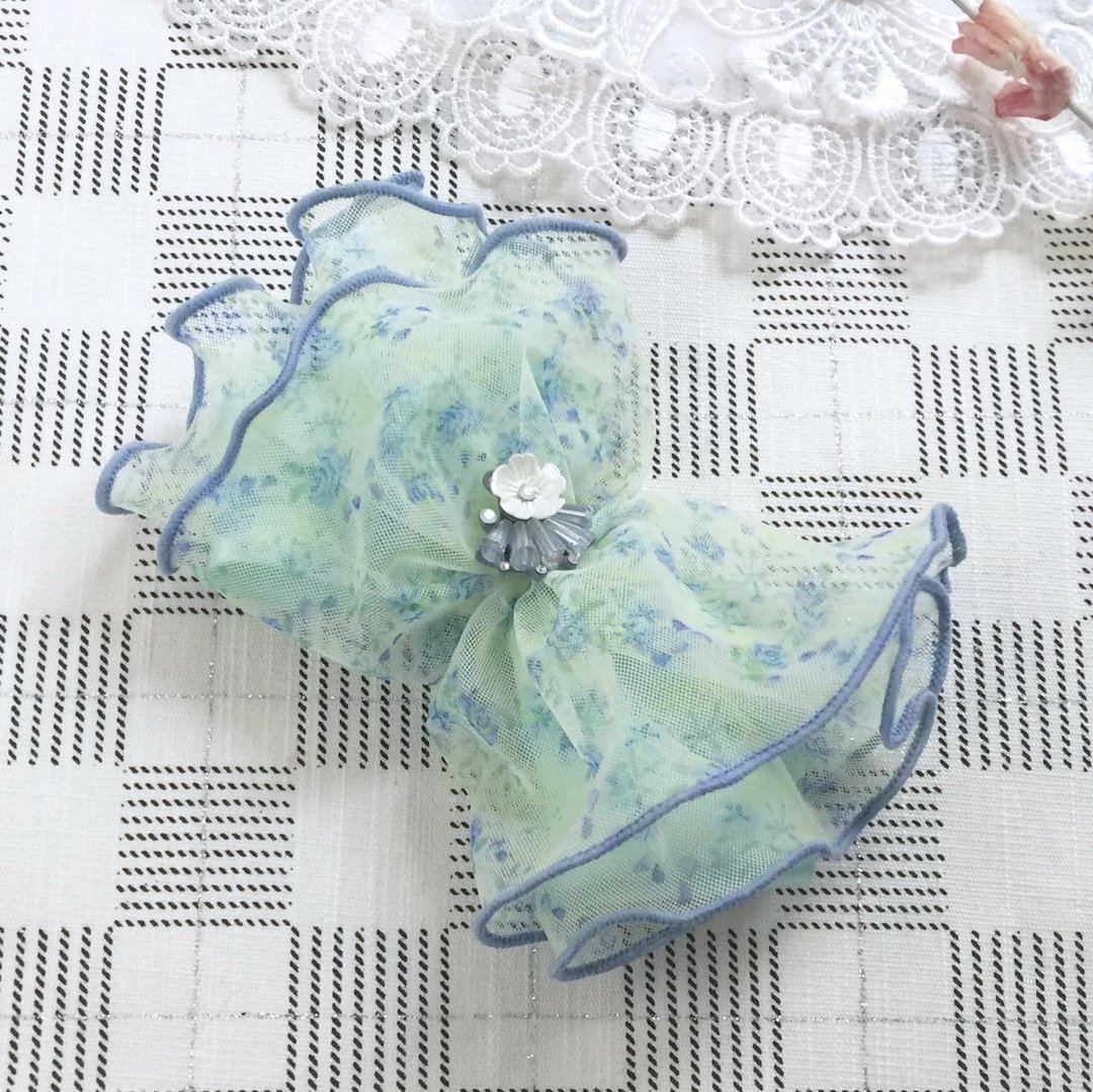 蓝+绿/ 浪漫撞色荷叶边透纱弹簧夹鲨鱼夹 钢夹 香蕉夹 发圈 发束 - 发饰 - 其他材质 