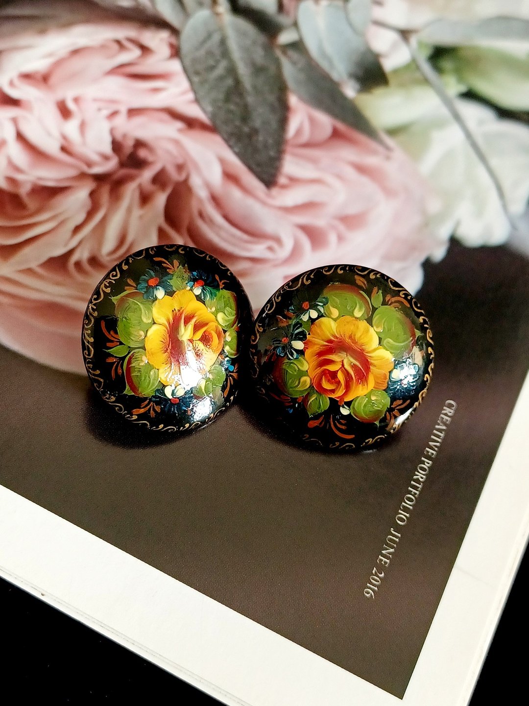 vintage jewelry  俄罗斯手绘 蔷薇 木制漆涂  针式耳环 - 耳环/耳夹 - 木头 