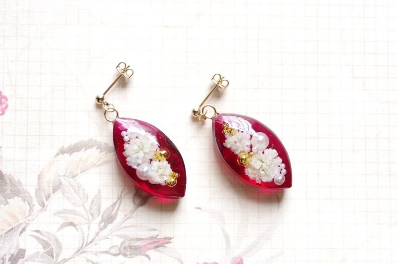 树脂艺术 马眼形耳环・世界树之花 - 耳环/耳夹 - 树脂 红色