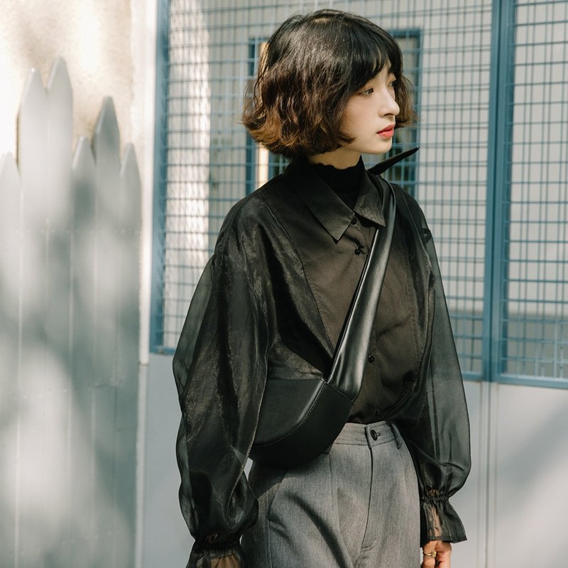 轻复古透视黑色衬衫|衬衫|夏秋款|聚酯纤维+棉|Sora-347 - 女装衬衫 - 聚酯纤维 黑色