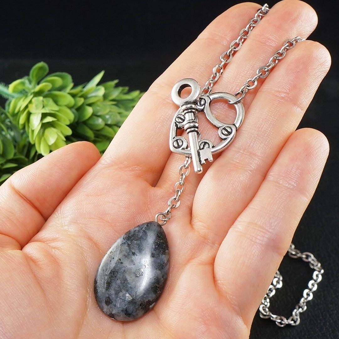 Gray Black Labradorite Teardrop Silver Key Lock Toggle Pendant Necklace Jewelry - 项链 - 半宝石 黑色