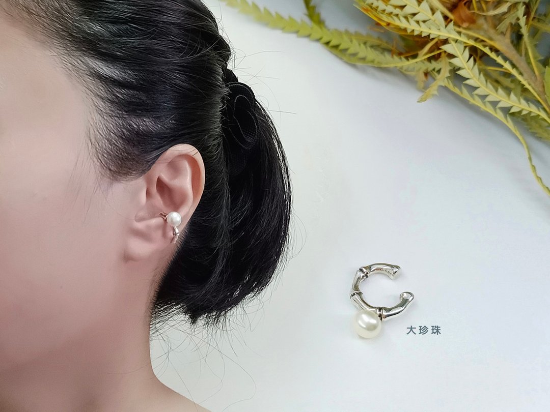 蕴竹系列   竹与露/耳骨夹/天然淡水珍珠 - 耳环/耳夹 - 纯银 