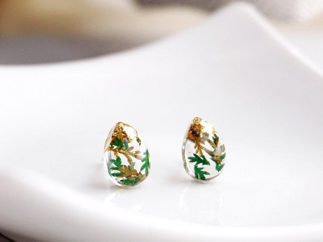 手作 植物耳环 水晶花 树脂饰品 新娘 伴娘礼品 闺蜜饰品 - 耳环/耳夹 - 植物．花 绿色