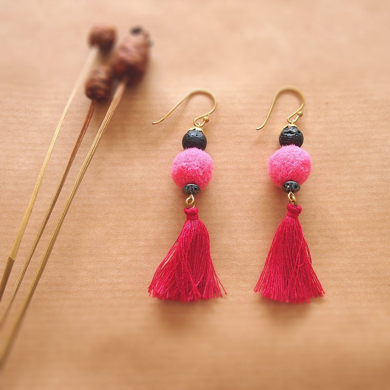 Lava stone with pink fur ball and tassel brass hook earrings - 耳环/耳夹 - 石头 粉红色