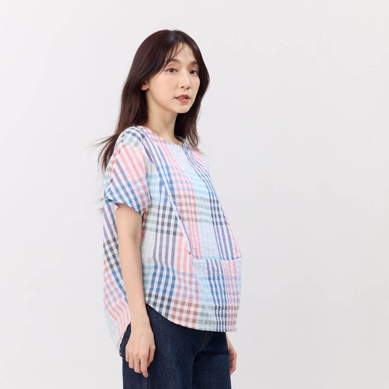 Debbie 方型小蓋袖拼接棉質上衣/彩色格紋 - 女装上衣 - 棉．麻 多色