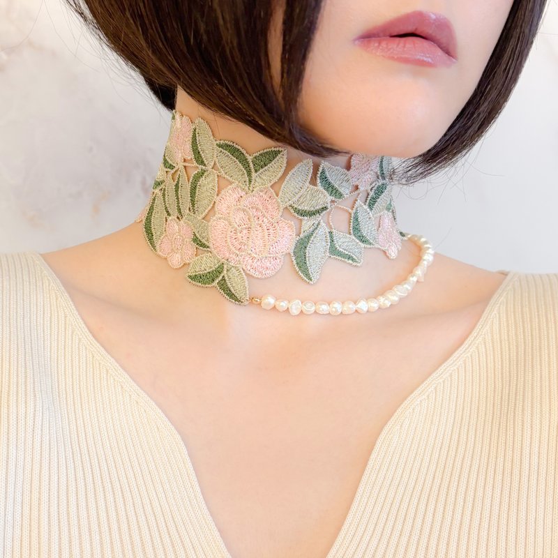 玫瑰与珍珠 / 暗色蕾丝与珍珠颈链 SV355 - 颈链 - 其他材质 多色