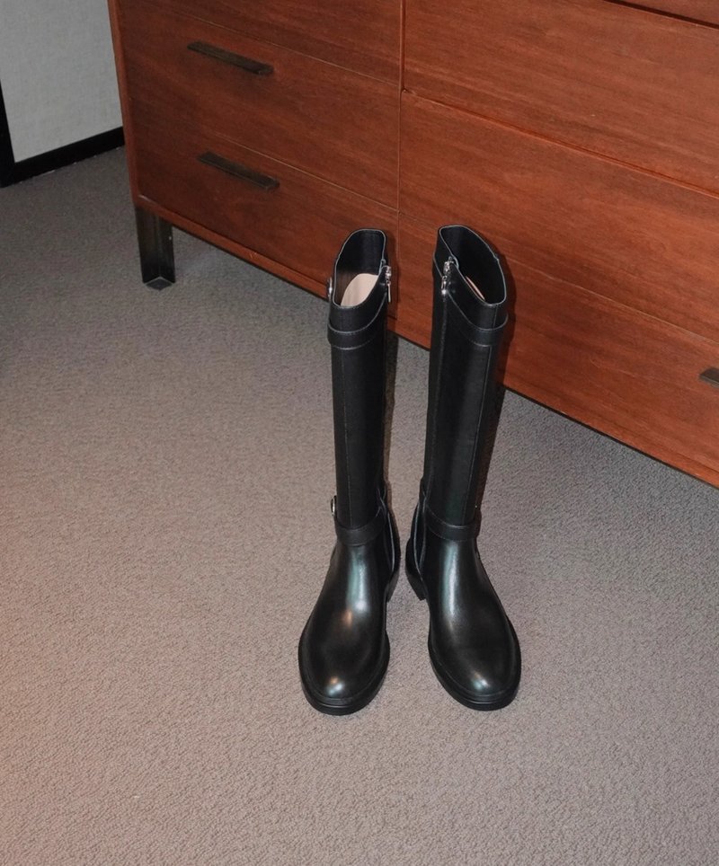 方圆 不过膝高筒骑士靴 手工製 - 女款长靴 - 真皮 黑色