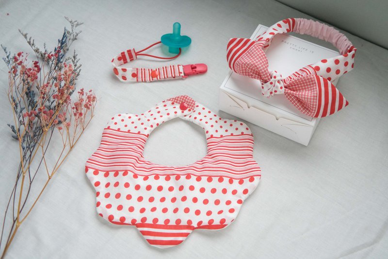 弥月礼盒 | 六重纱口水巾、宝宝发带、奶嘴夹 | 红白之歌 - 满月礼盒 - 棉．麻 红色