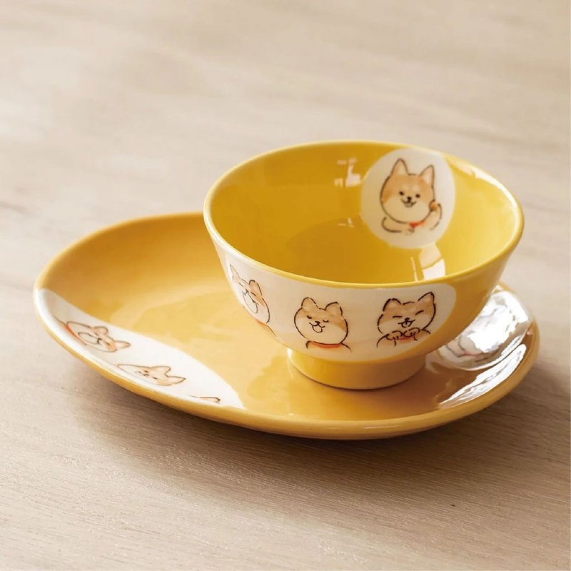 【交换礼物推荐】濑户烧-撞色釉彩手绘柴犬饭碗/餐盘礼盒 - 碗 - 瓷 黄色