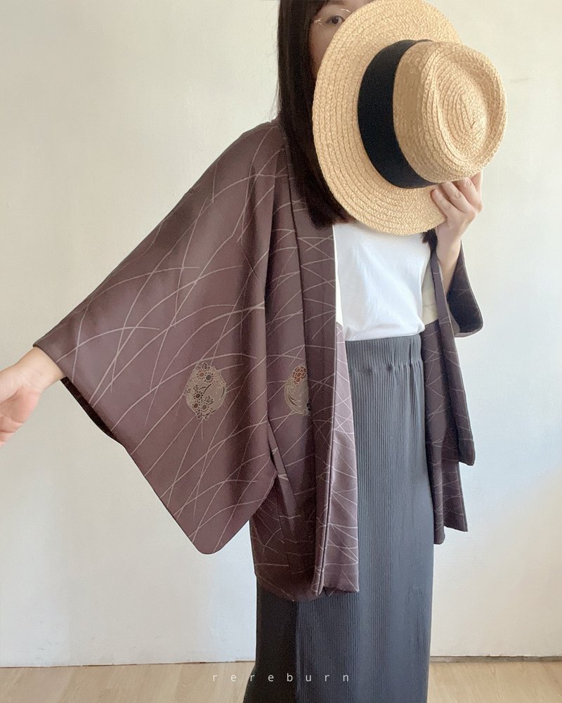 日本制和风印花紫色古着羽织和服外套-瑕疵特 - 女装休闲/机能外套 - 聚酯纤维 紫色