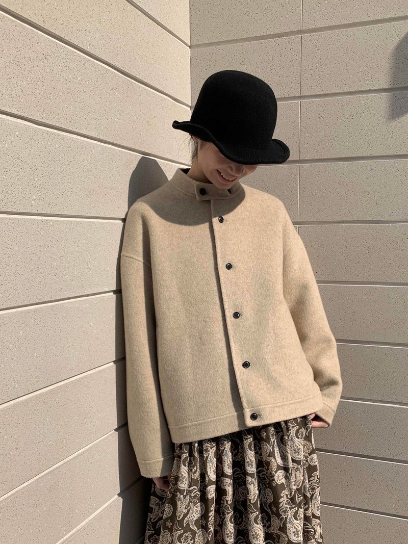 秋冬手工双面尼古董白中性立领简洁羊毛短外套 - 女装西装外套/风衣 - 棉．麻 多色