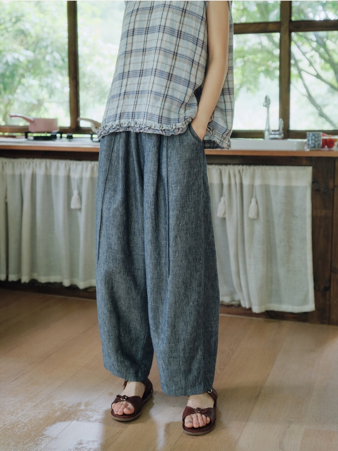 100色织亚麻气球裤 - 女装长裤 - 棉 多色