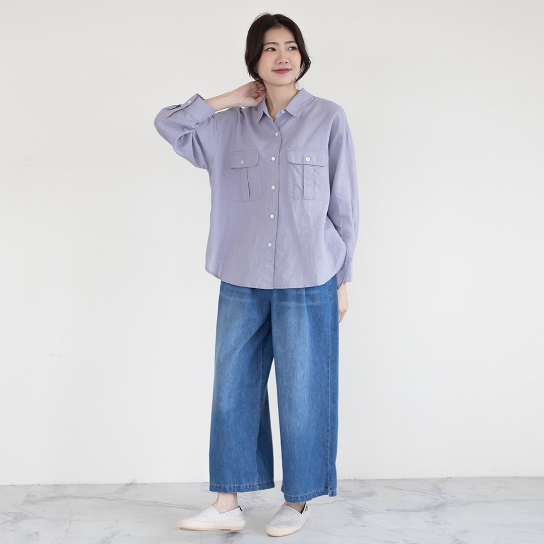 九分袖麻棉衬衫 浅紫F - 女装上衣 - 棉 紫色