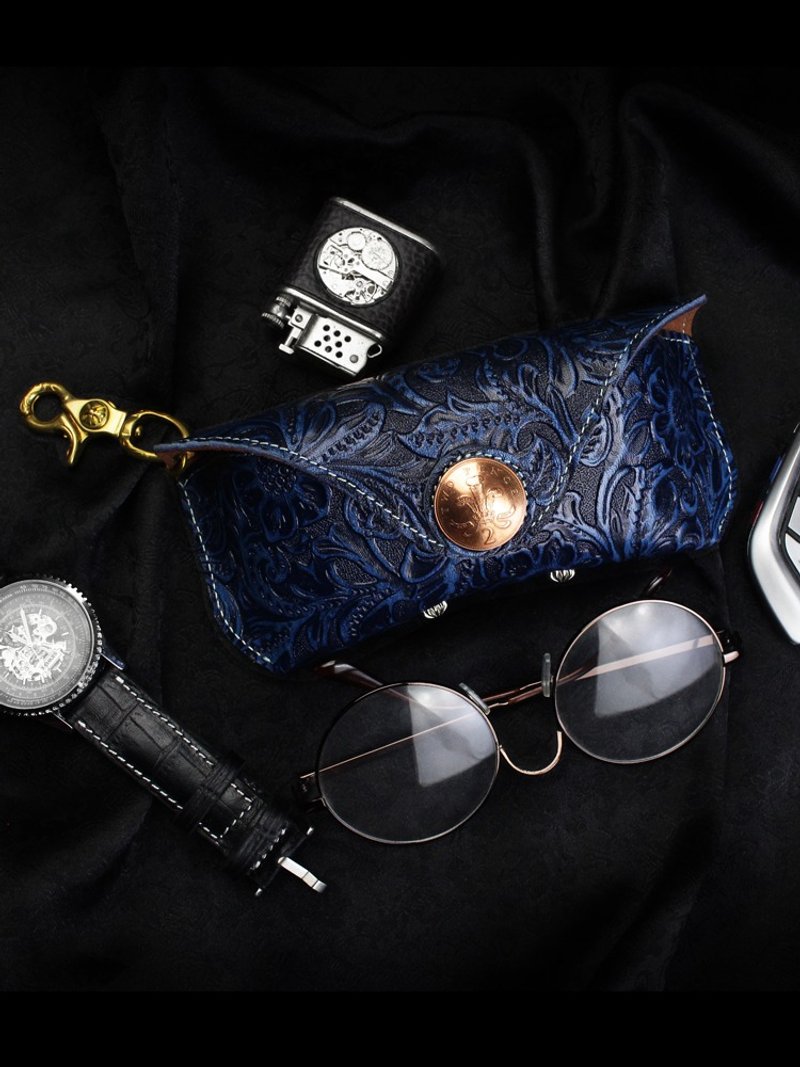 手工真皮眼镜盒便携式男女复古头层牛皮近视墨镜太阳镜皮套皮雕潮 - 眼镜盒/眼镜布 - 真皮 蓝色