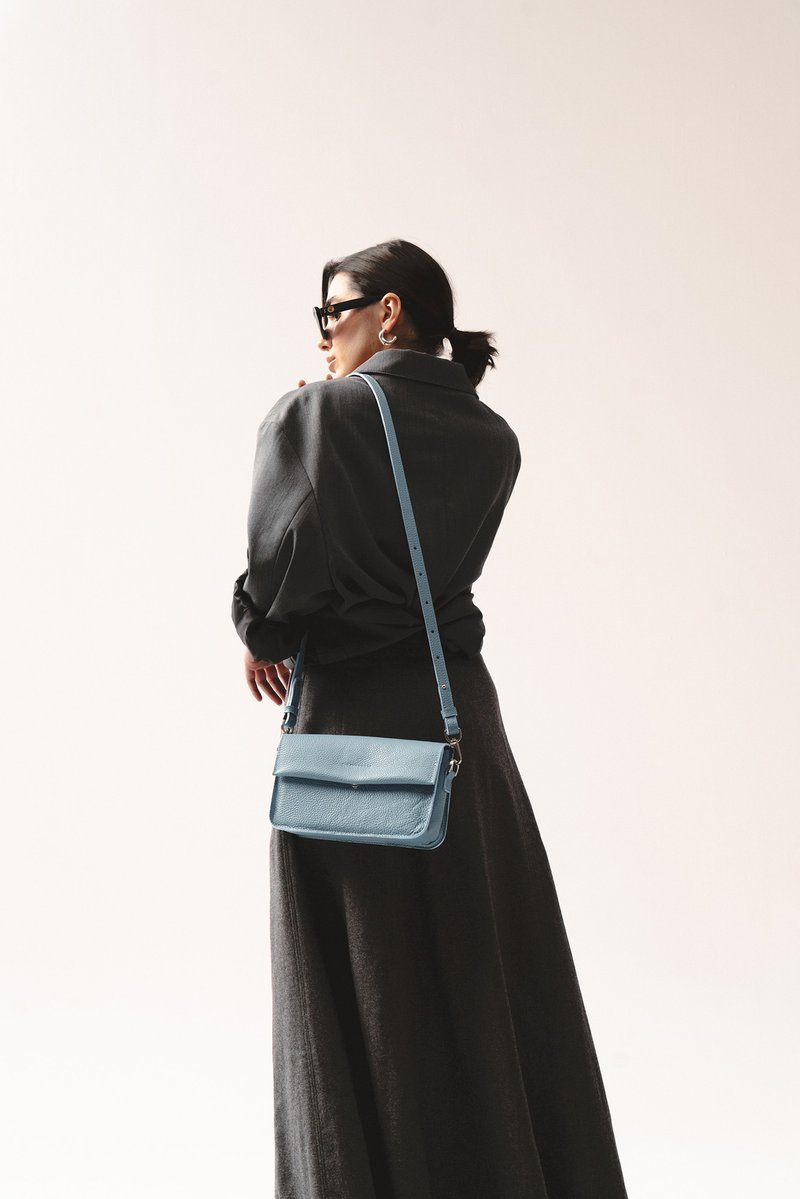 女士极简皮革肩背包 | 皮革手提包 | 女仕包款 - 手提包/手提袋 - 真皮 蓝色