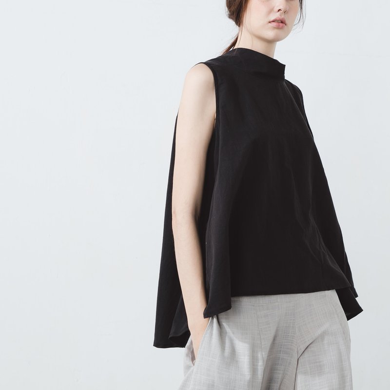 立领前短后长背心 - 黑 - 女装背心 - 棉．麻 黑色