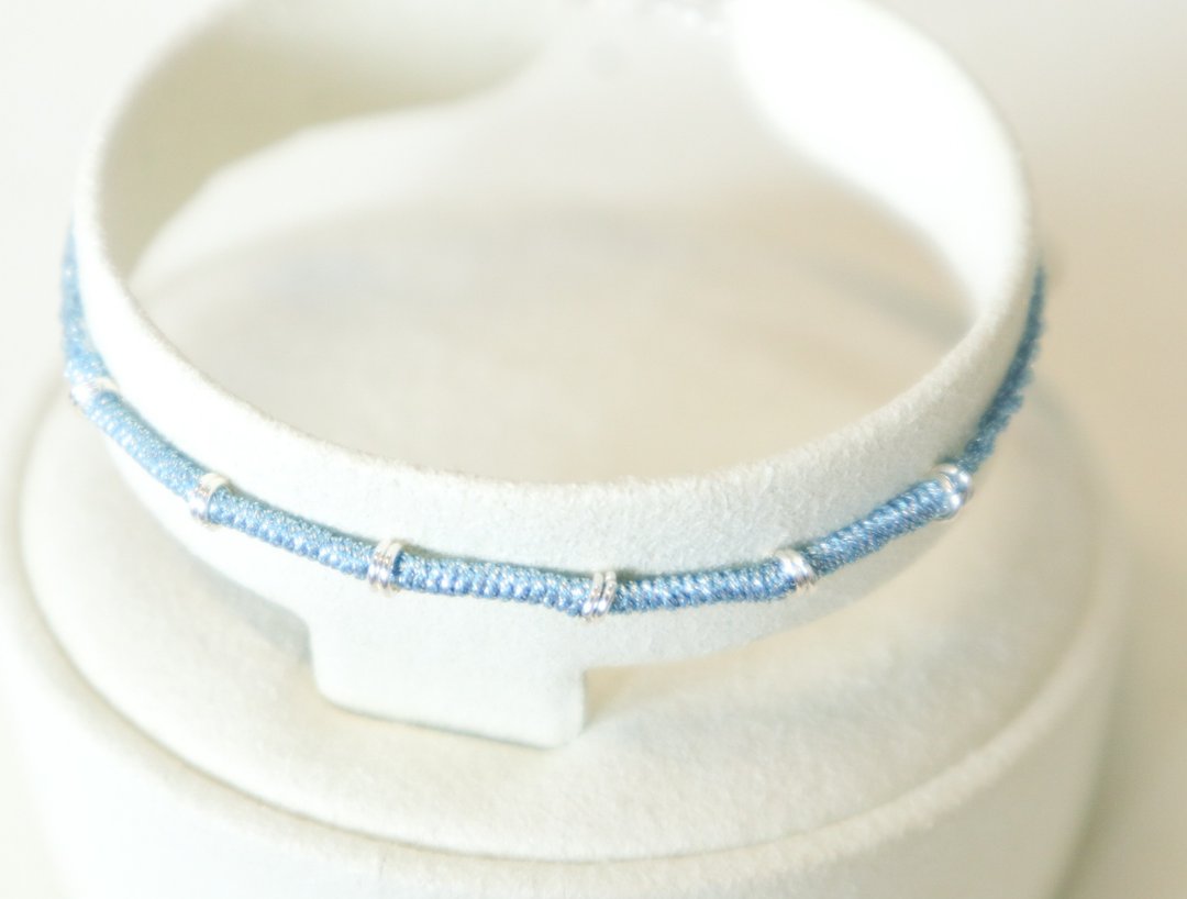 925纯银 Bamboo lucky bracelet 竹子节节高升-手工编织-幸运手环 - 手链/手环 - 纯银 蓝色