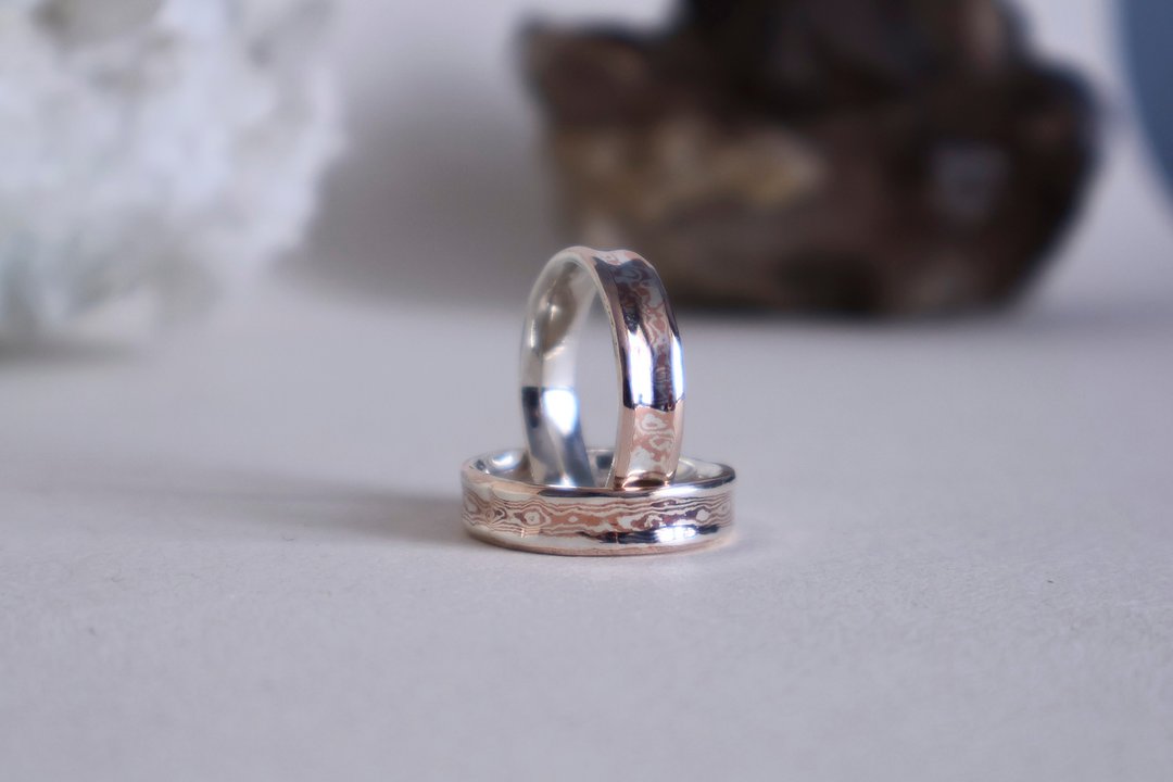 手工制作 银+铜 木目金木纹金Mokume gane镶银戒指 - 戒指 - 其他金属 银色