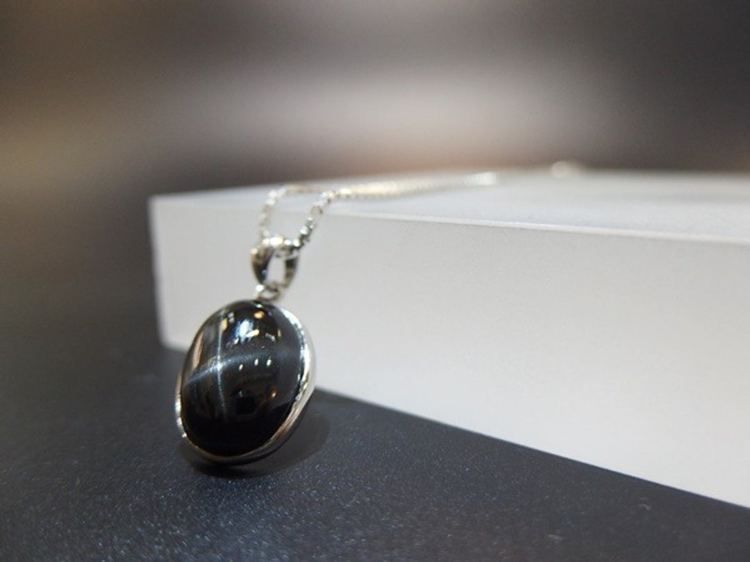 天然黑星石纯银吊坠  Black Star Diopside Silver Pendant - 项链 - 宝石 黑色