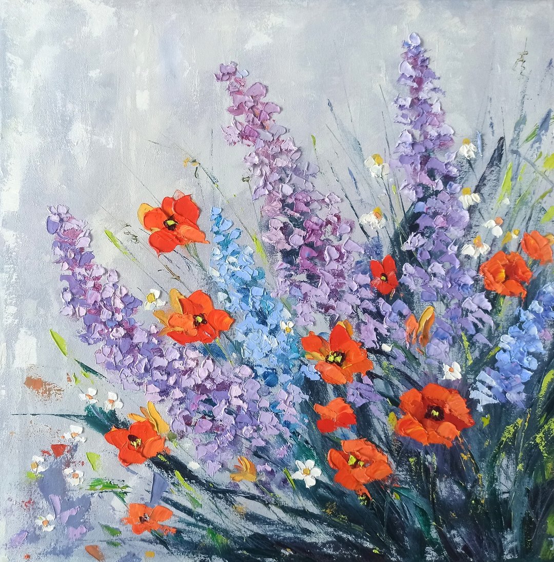 花卉原创油画，油彩画布，50x50cm，矢车菊和罂粟花艺术品 - 海报/装饰画/版画 - 其他材质 
