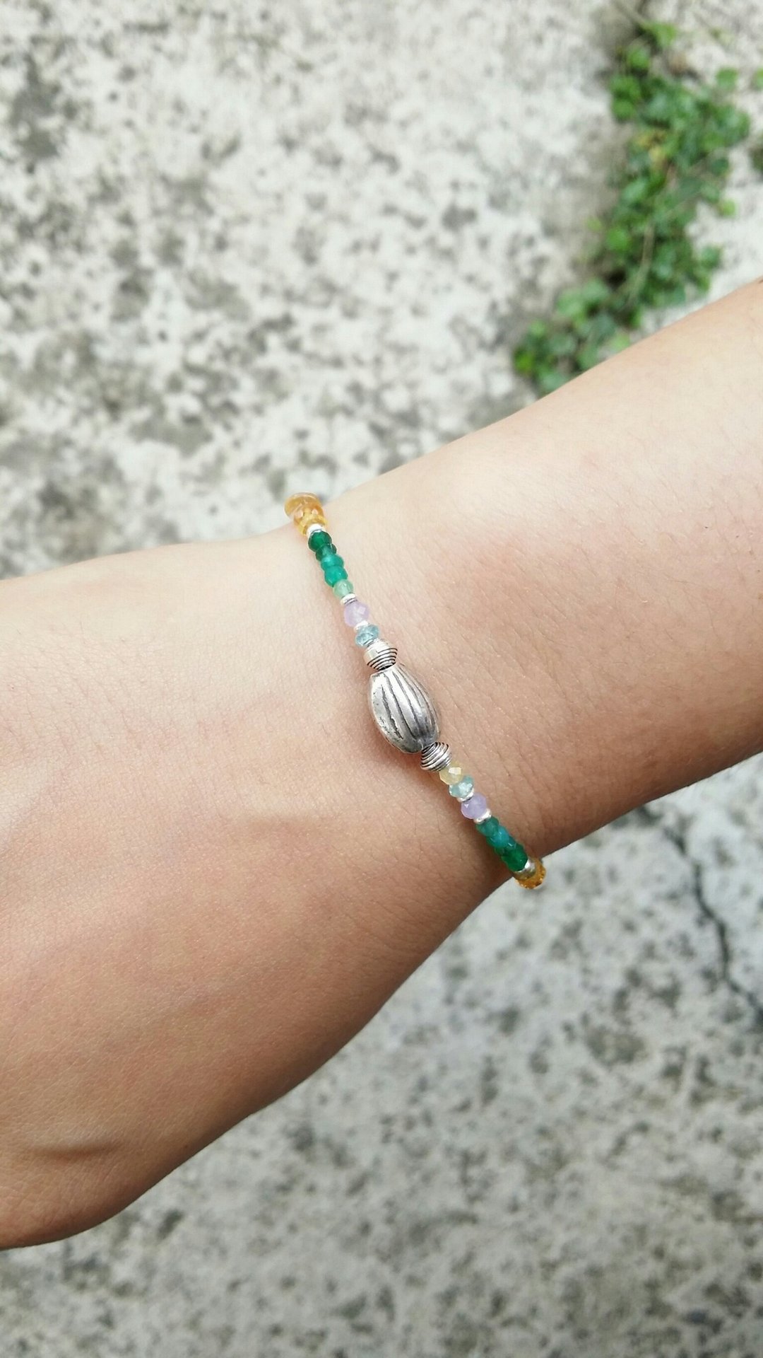 坚果一样  ｜ Silver  Chrysoprase  矿石  纯银  绿玉髓  黄水晶 - 手链/手环 - 宝石 绿色