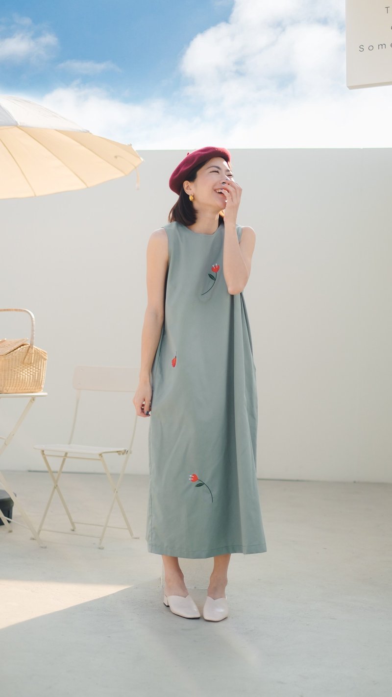 Poppy Field Dress 长版洋装  绿色- Green - 洋装/连衣裙 - 棉．麻 绿色