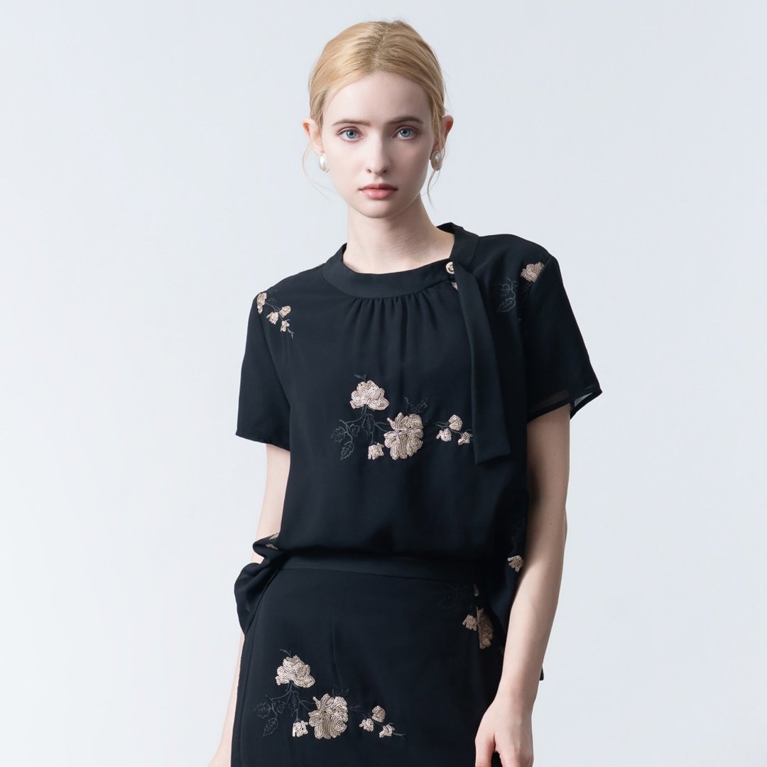 【MEDUSA】典雅新中式亮片绣花网纱上衣(M-XL) | 女礼服上衣 - 女装上衣 - 聚酯纤维 黑色