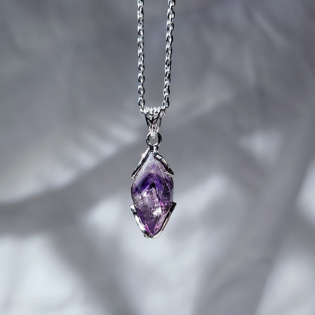 925银彩虹紫发晶超七随形原矿钛钢项链 - 项链 - 水晶 紫色