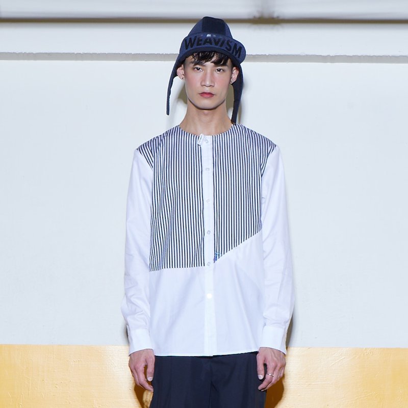 小人物 - 无领条纹拼接衬衫 (黑白条) - 男装衬衫 - 棉．麻 白色