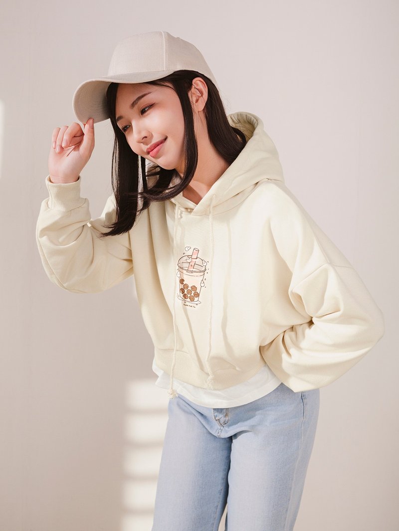 短版层次感帽衣-麻糬兔珍奶 (奶油米色) - 中性连帽卫衣/T 恤 - 棉．麻 白色