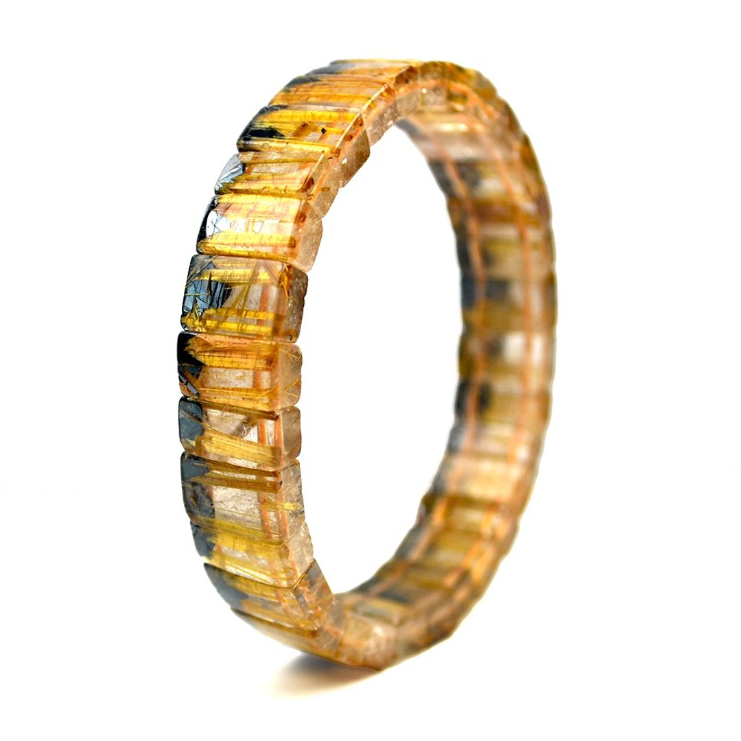 天然金钛晶 燕尾钛厚版粗丝 13x8mm 钛晶手排 日本弹力绳 - 手链/手环 - 半宝石 金色