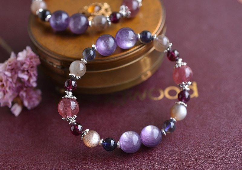 紫锂云母+草莓晶+堇青石+太阳石+石榴石+纯银水晶手链 - 手链/手环 - 水晶 紫色